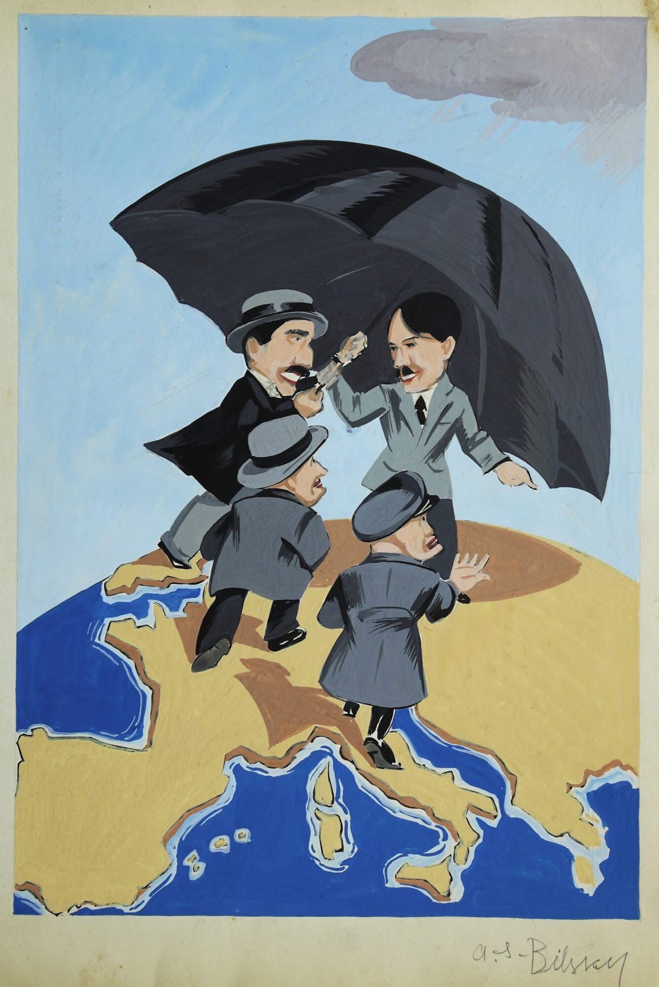 Карикатура уродженця Чернігівщини «Гітлер пропонує свою парасольку Чемберлену, Деладьє та Муссоліні» (1938р.)